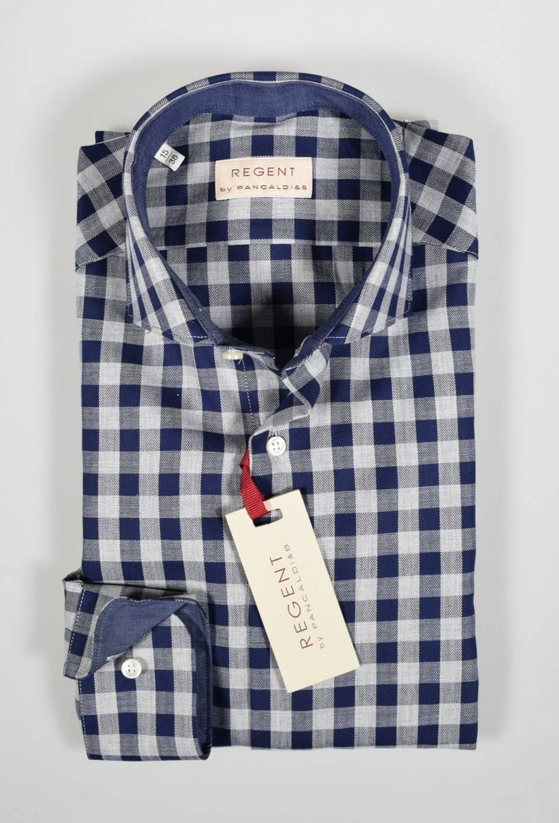 Regent By Pancaldi Camicia Slim Fit Pancaldi A Quadri Blu E Grigio Puro Cotone