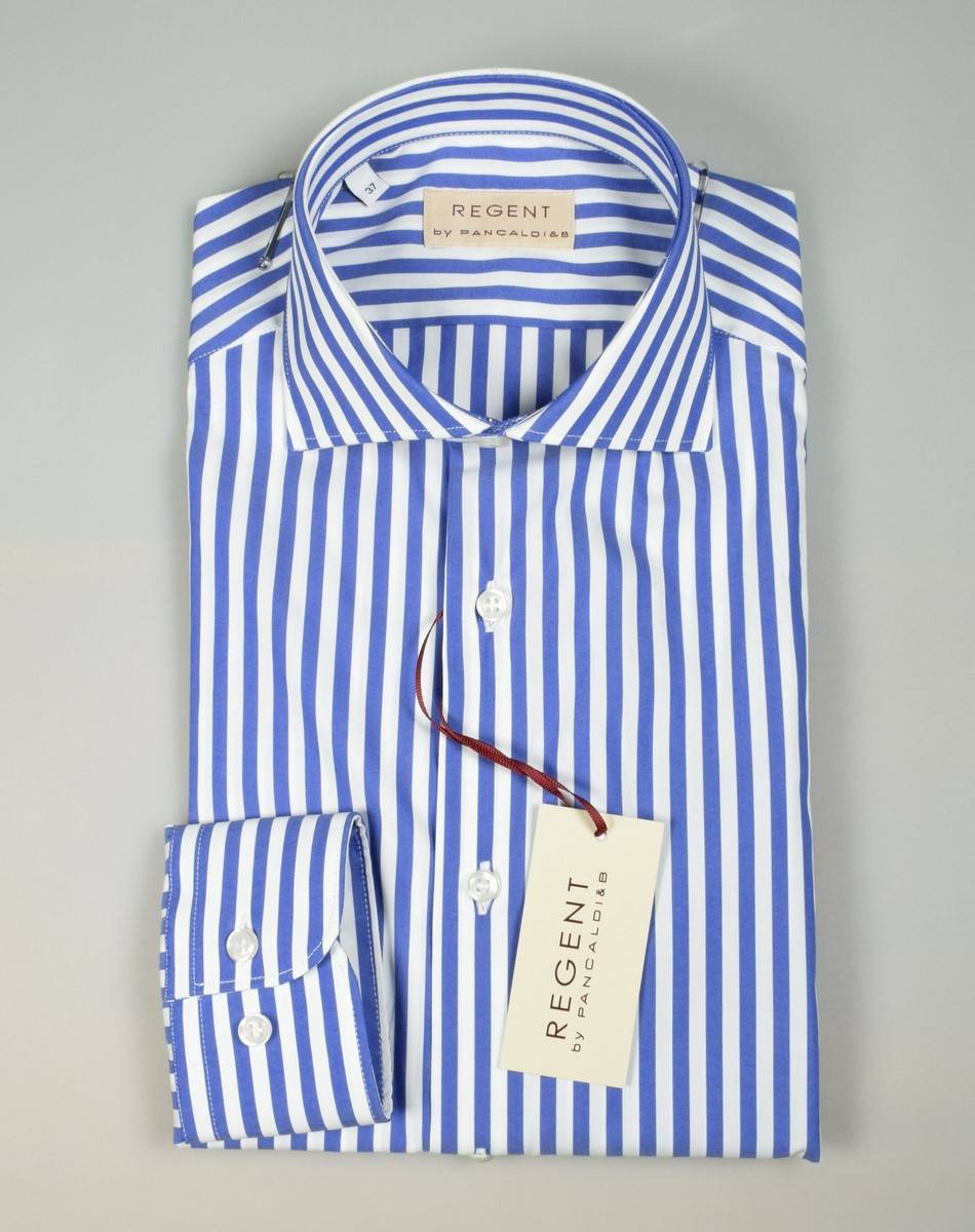Regent By Pancaldi Camicia Slim Fit Pancaldi A Righe Azzurro Cotone Stretch