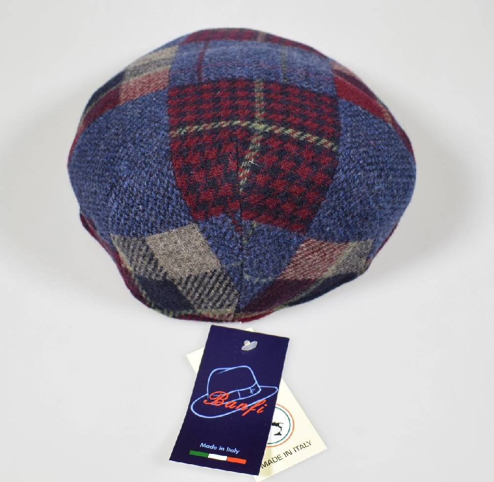 Imor Di Banfi Cappello Berretto Imor Blu A Quadri In Pura Lana Merino Made In Italy