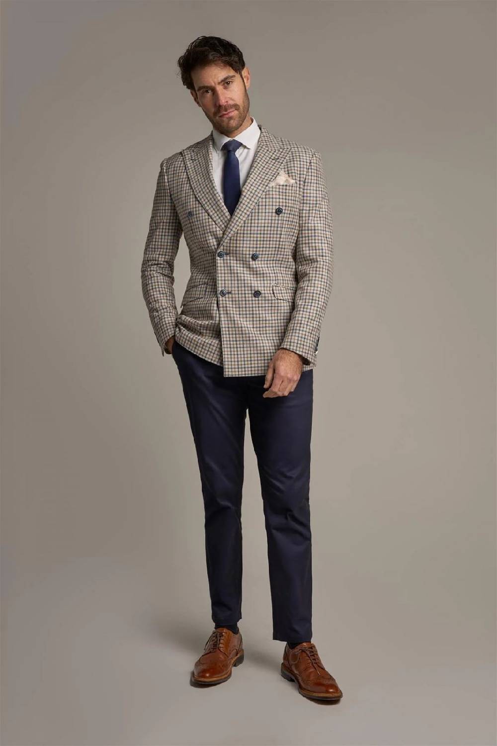 House Of Cavani Giacca Beige Quadri Cavani Slim Fit A Doppiopetto