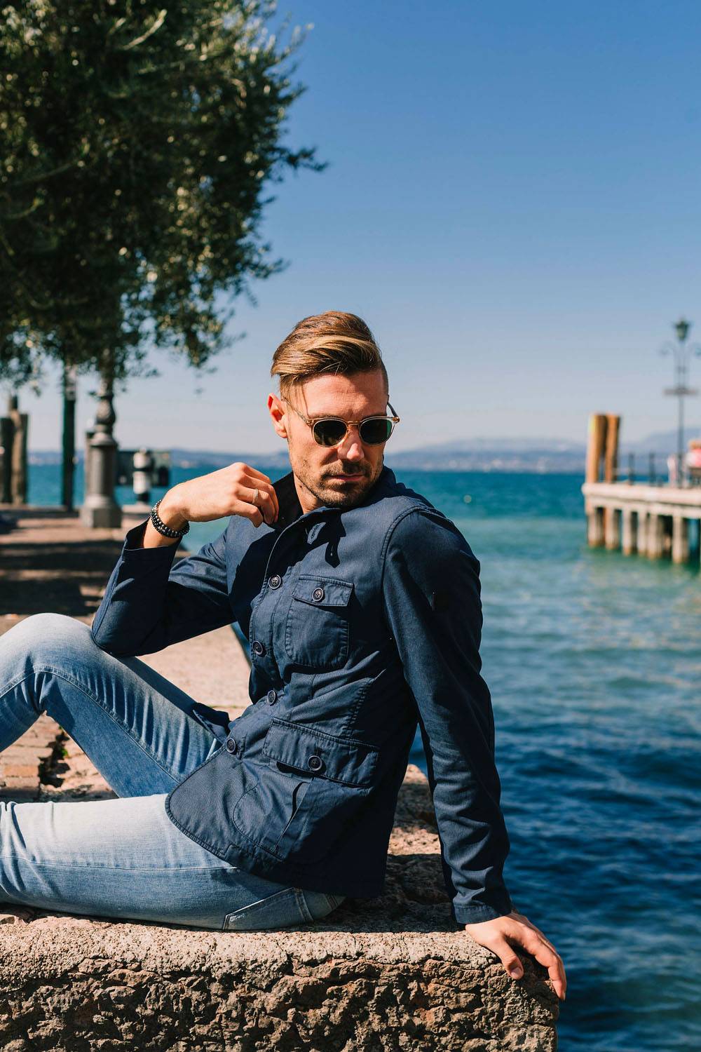 Milestone Giacca blu milestone misto cotone sfoderata slim fit