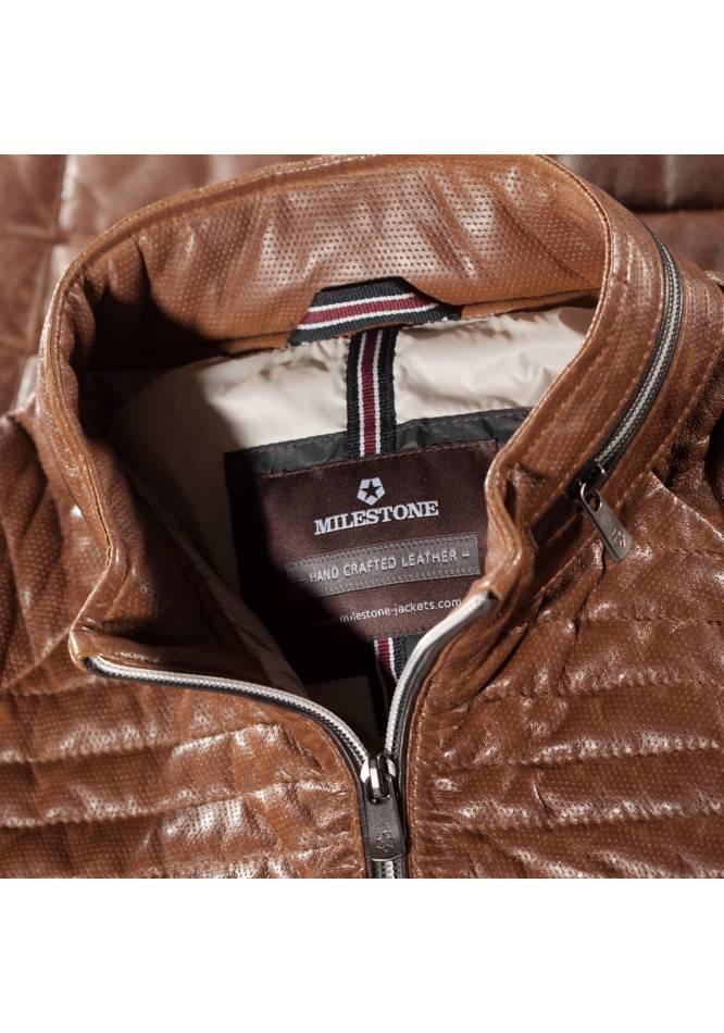 Milestone Giacca Milestone Cognac In Pelle Traforata Con Imbottitura Settantacinque Grammi