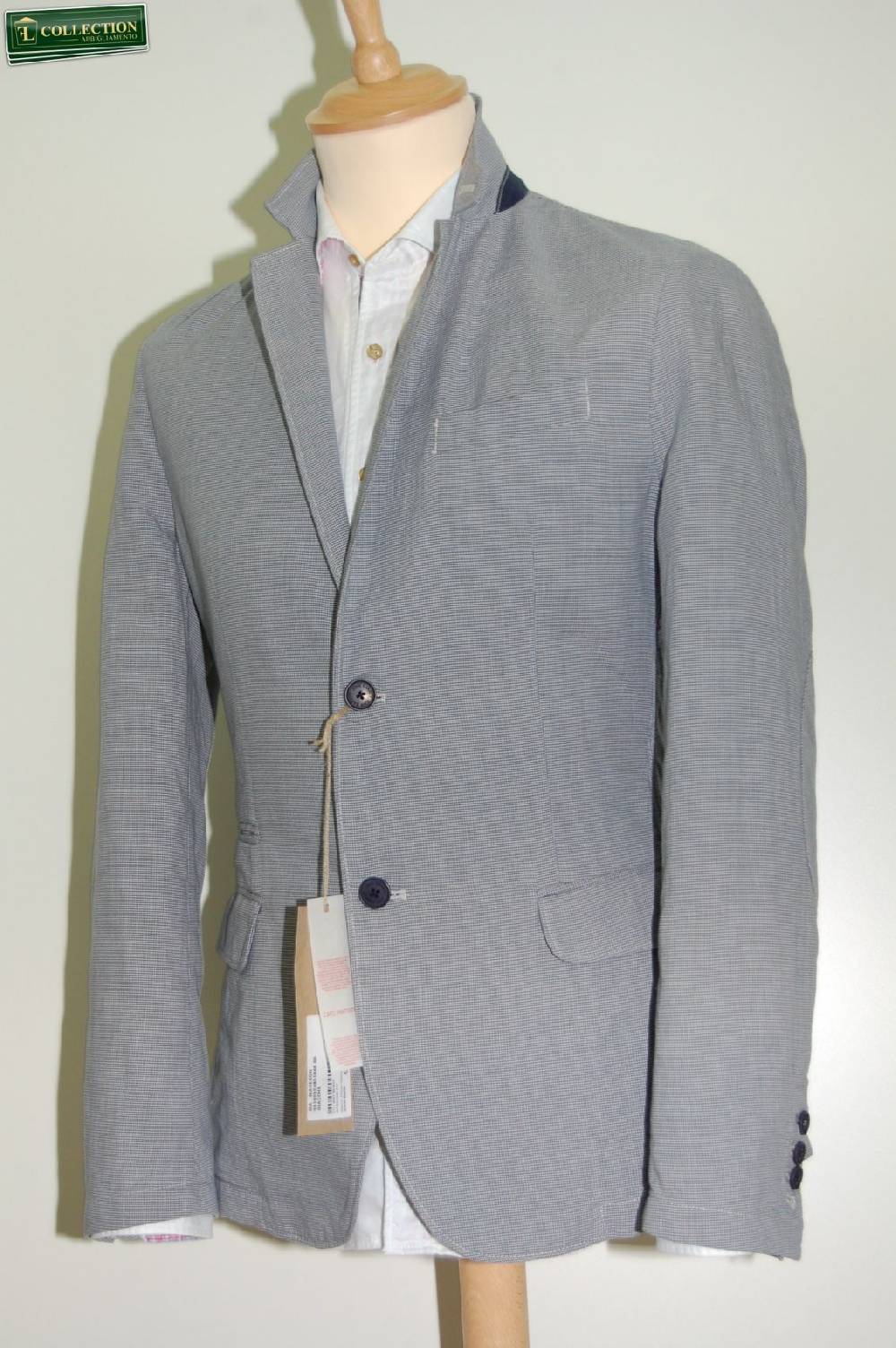 John Barritt Giacca Moda Cotone Lavato Micro Quadro Azzurro