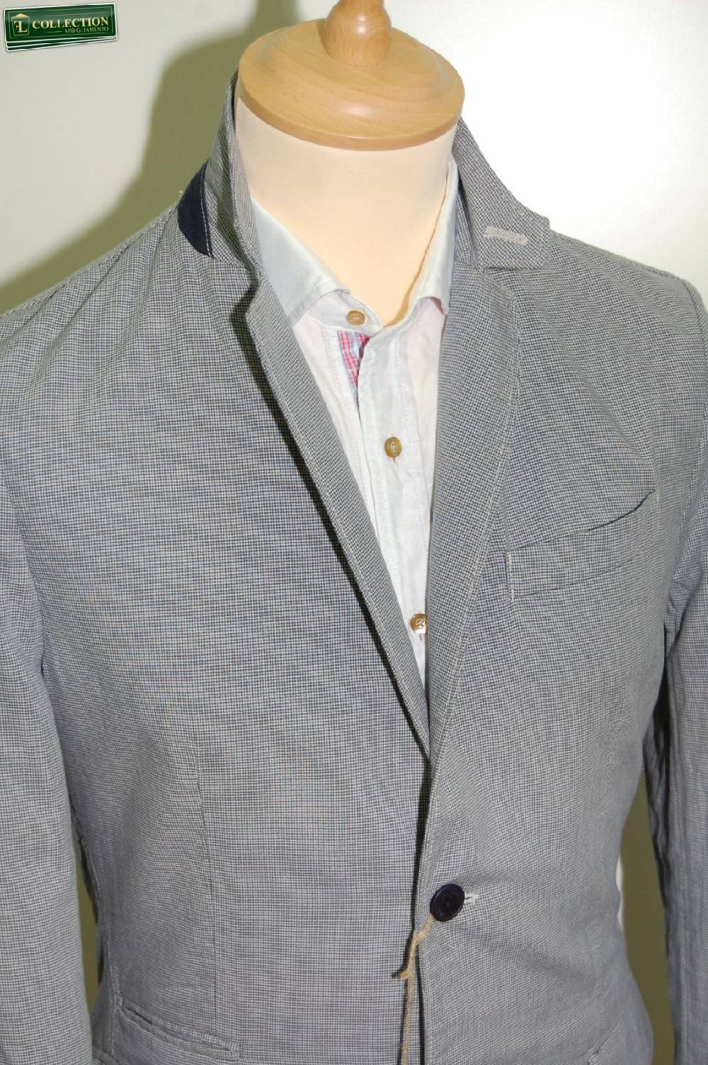 John Barritt Giacca Moda Cotone Lavato Micro Quadro Azzurro