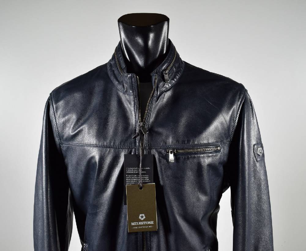 Milestone Giubbino In Pelle Blu A Fondo Dritto Milestone