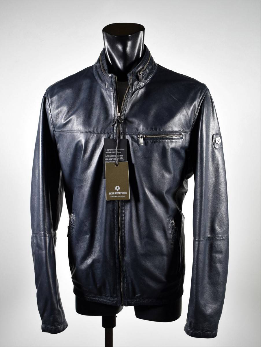 Milestone Giubbino In Pelle Blu A Fondo Dritto Milestone