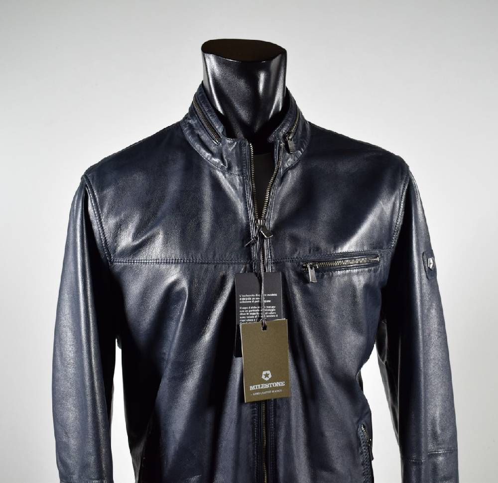 Milestone Giubbino In Pelle Blu A Fondo Dritto Milestone