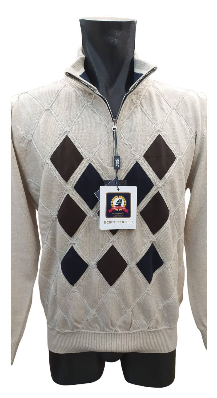 Green Coast Maglia A Lupetto Con Zip A Rombi In Lana Merinos Zegna Baruffa