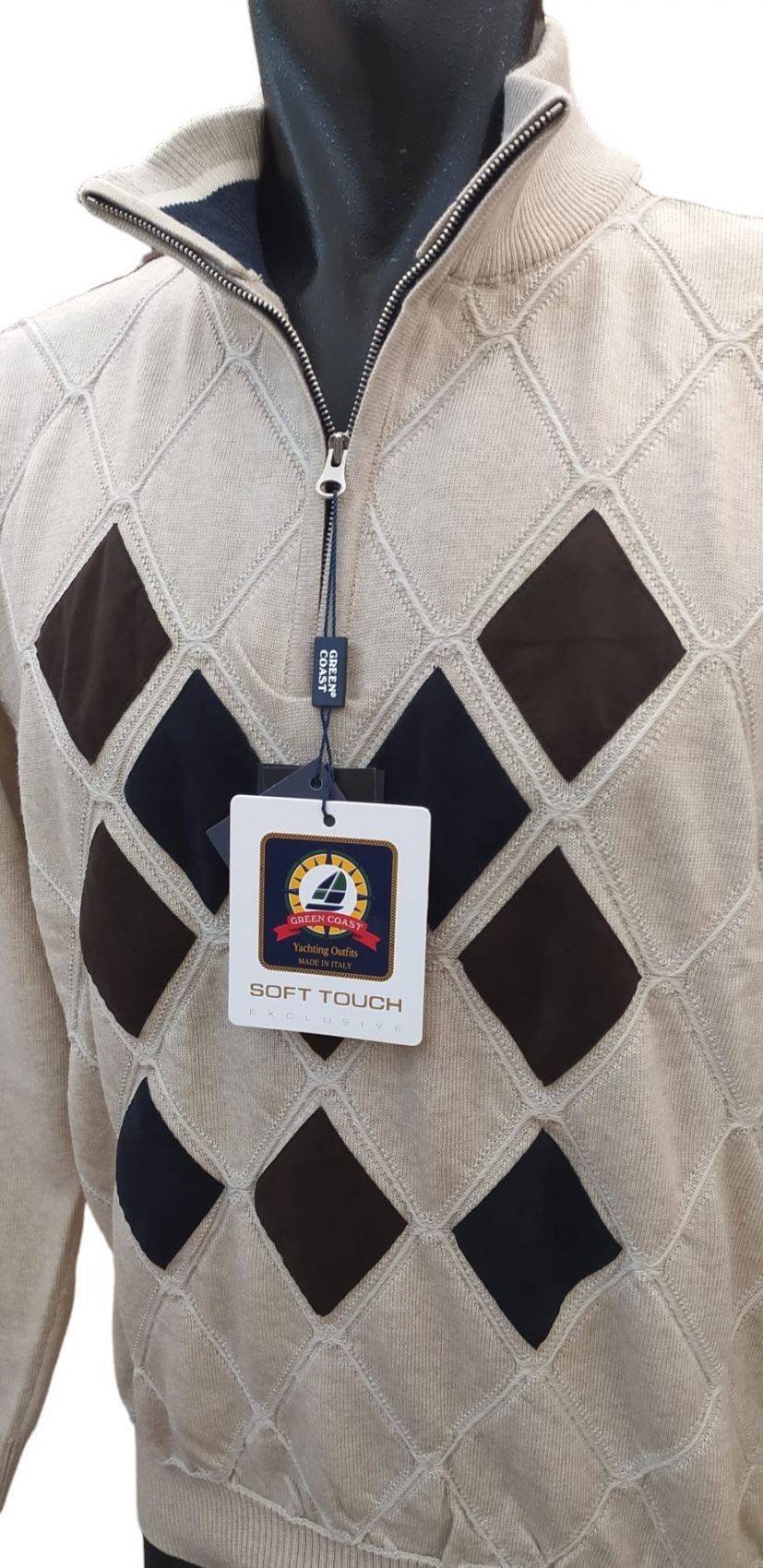 Green Coast Maglia A Lupetto Con Zip A Rombi In Lana Merinos Zegna Baruffa