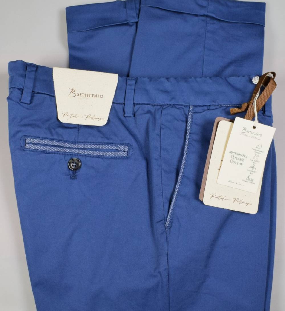B Settecento Pantalone Blu Marine B700 In Cotone Raso Stretch Slim Fit