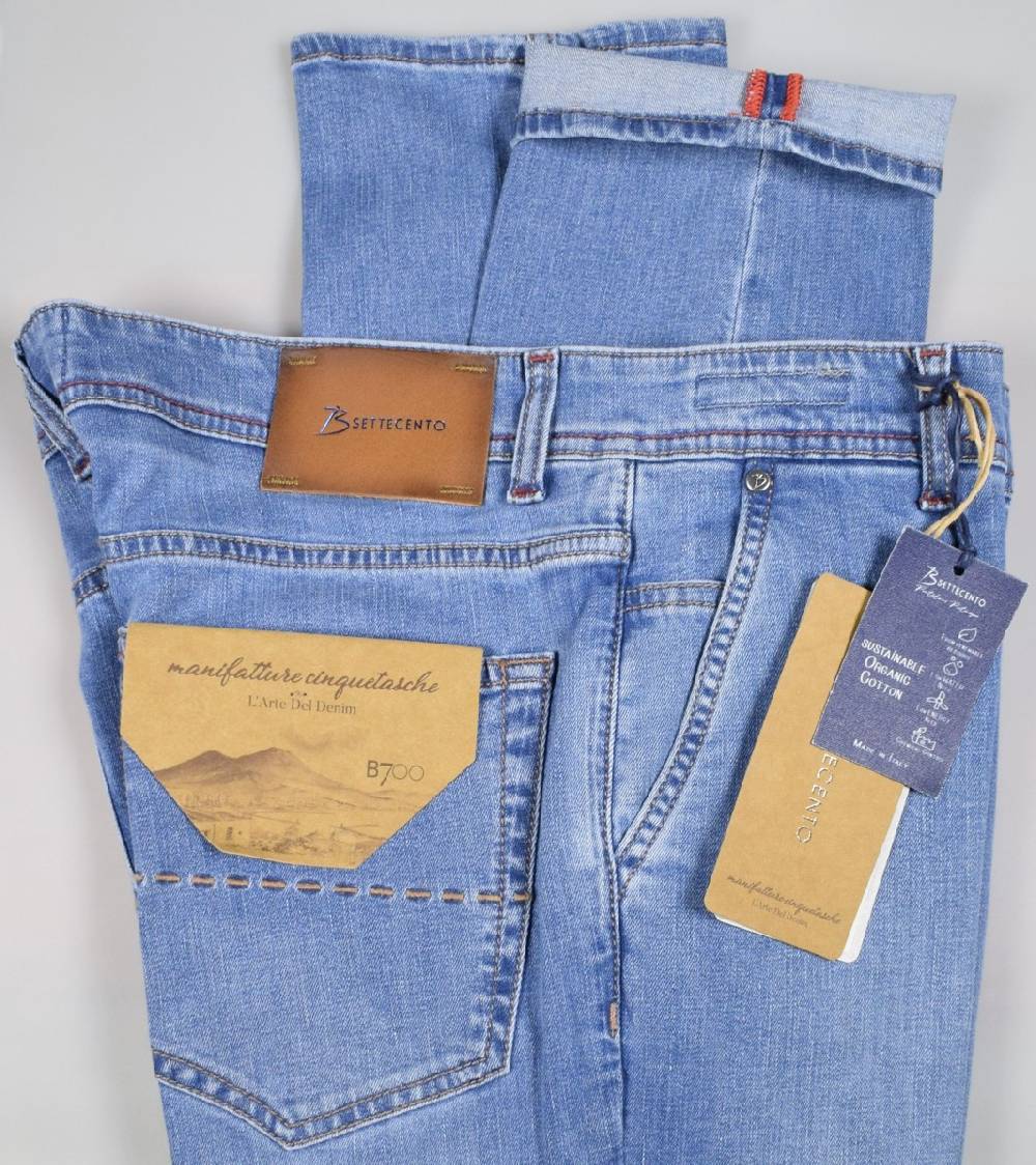 B Settecento Pantalone In Denim Stretch B700 Slim Fit Lavaggio Chiaro