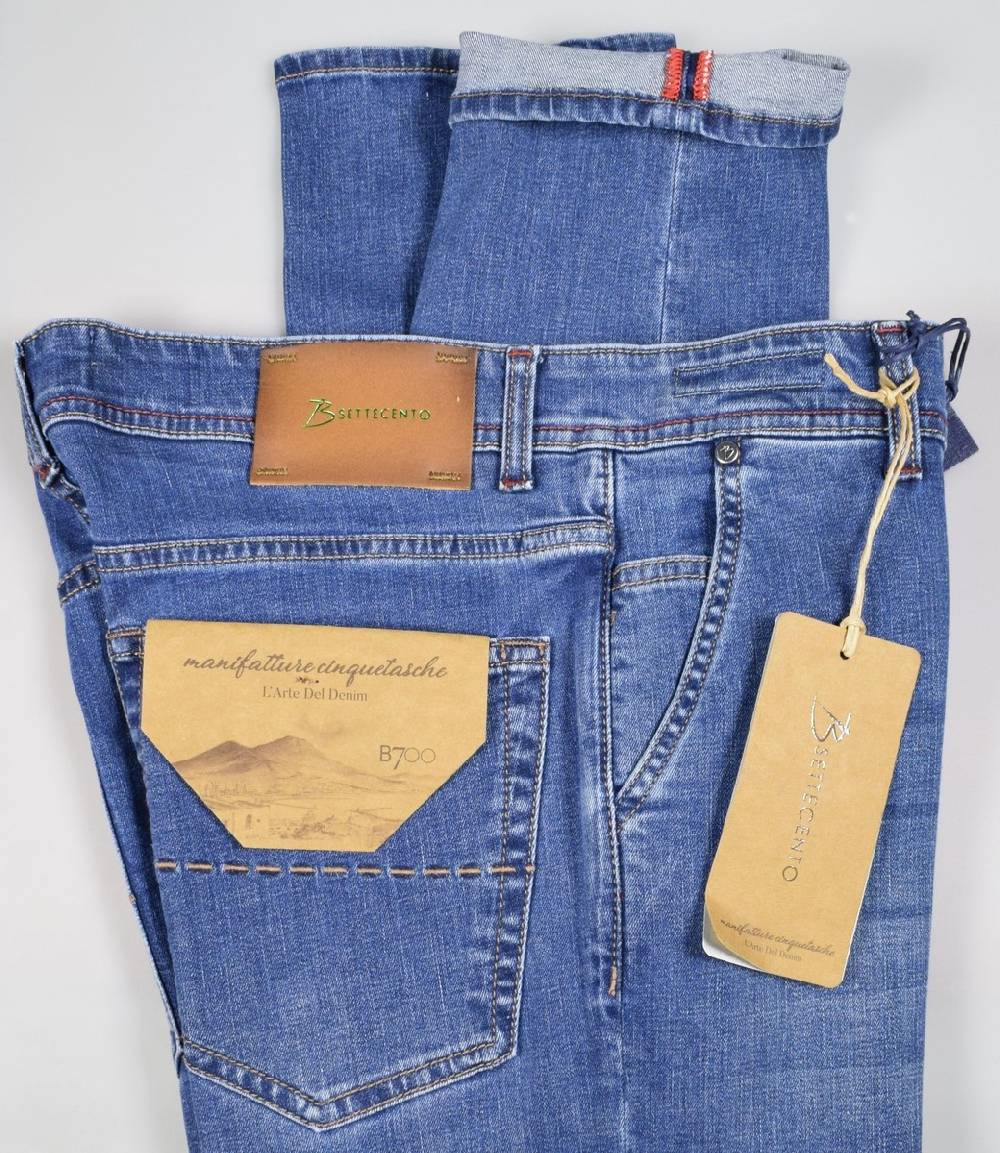 B Settecento Pantalone In Denim Stretch B700 Slim Fit Lavaggio Medio
