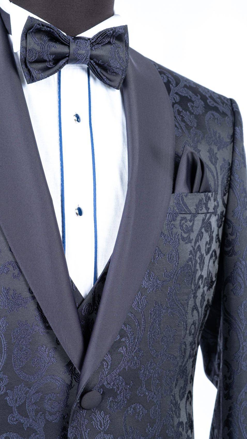 Baggi Smoking Blu Damascato Da Sposo Con Collo A Scialle