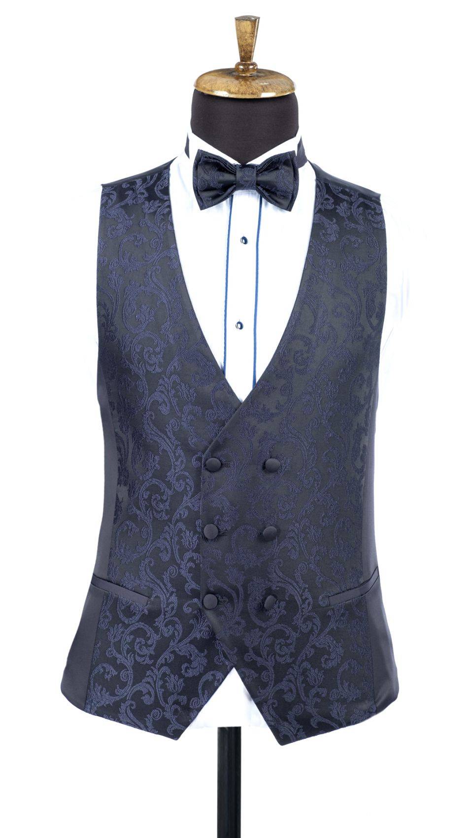 Baggi Smoking Blu Damascato Da Sposo Con Collo A Scialle