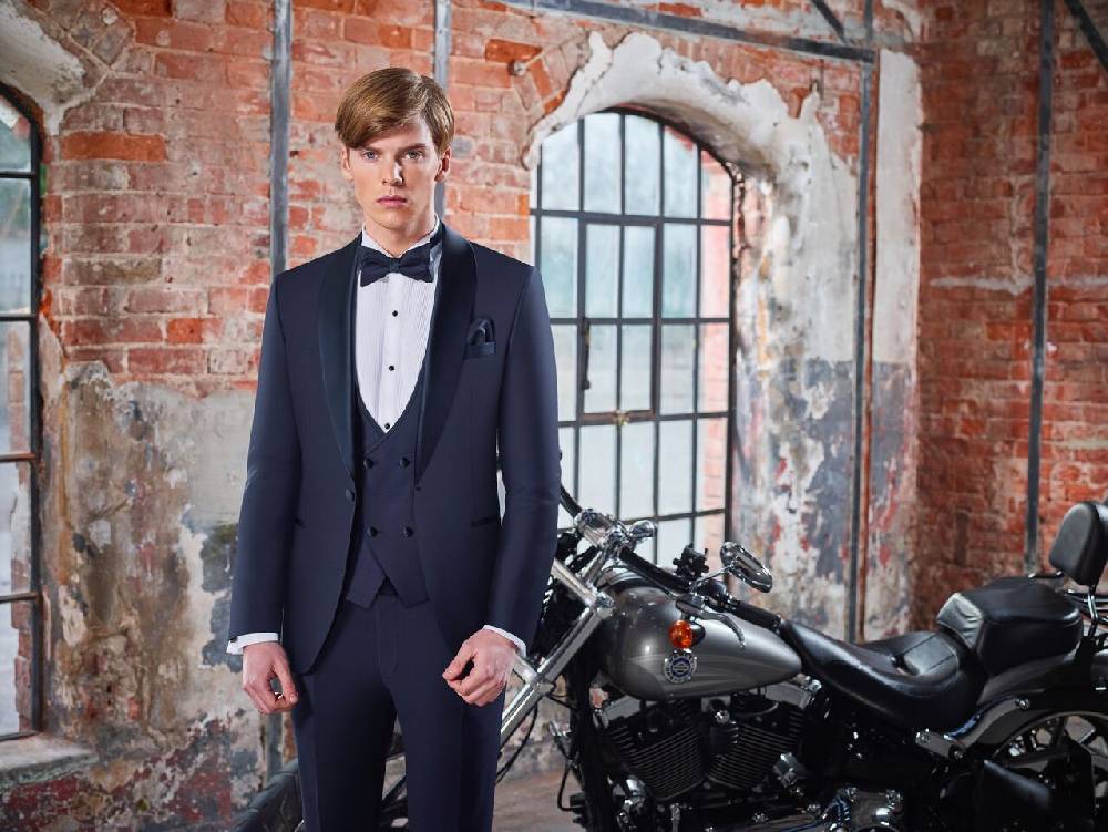 Baggi Smoking blu navy baggi cerimonia slim fit completo di panciotto e papillon