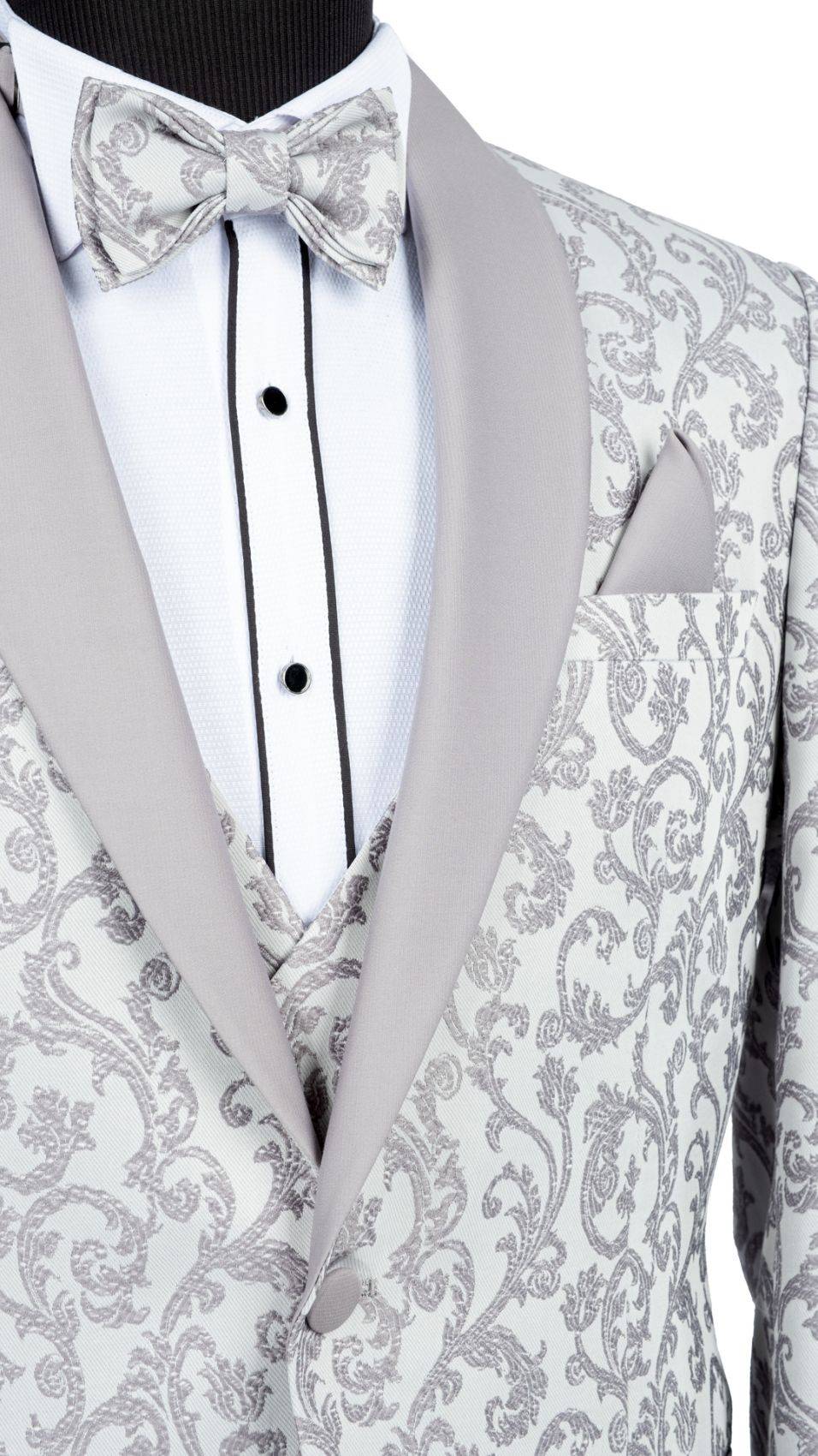 Baggi Smoking Grigio Damascato Da Sposo Con Collo A Scialle