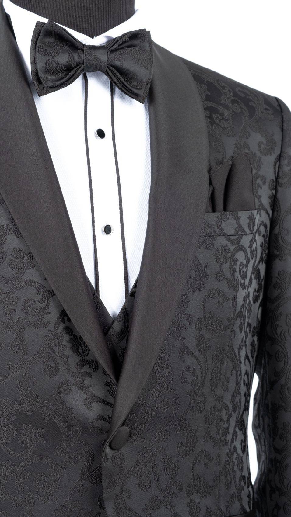 Baggi Smoking Nero Damascato Da Sposo Con Collo A Scialle