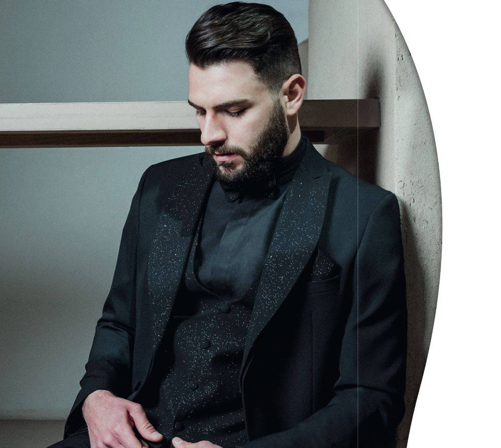 Musani Milano Cerimonia Smoking Nero Slim Fit Musani Con Petto A Lancia Brillantinato