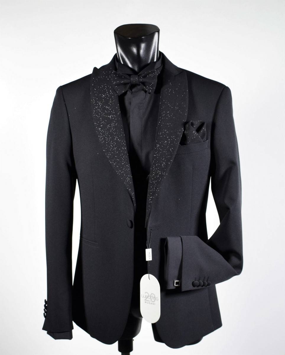 Musani Milano Cerimonia Smoking Nero Slim Fit Musani Con Petto A Lancia Brillantinato