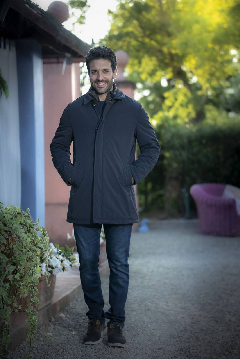 Adimari Trench impermeabile imbottito blu con pettorina anti vento staccabile