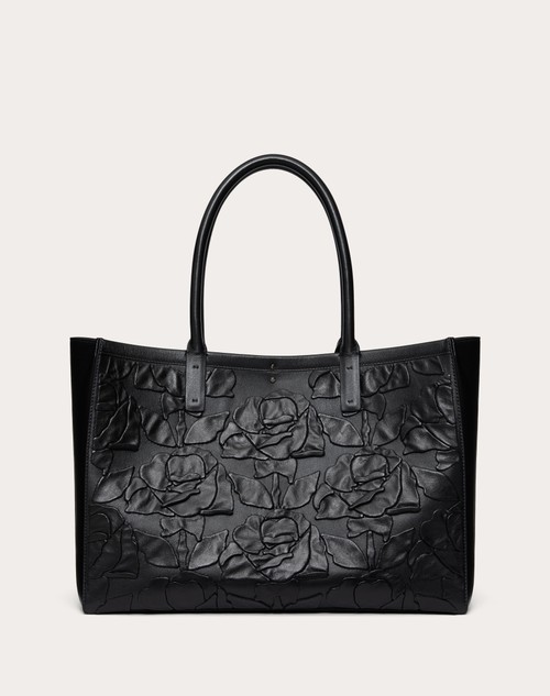 Red Valentino BORSA SHOPPING MEDIA VLOGO LOCKER TOTE IN PELLE CON ROSE RICAMATE