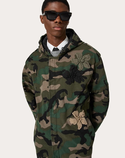 Red Valentino CABAN DI COTONE CON CAPPUCCIO E PATCH CAMOUFLOWER RICAMATI