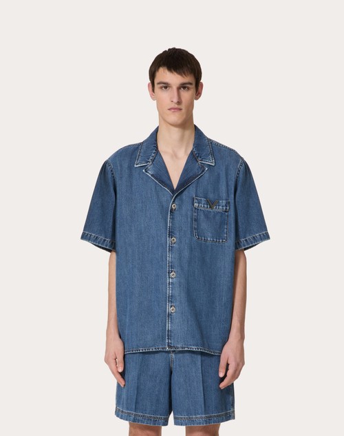 Red Valentino CAMICIA BOWLING IN DENIM CON V DETAIL METALLICA