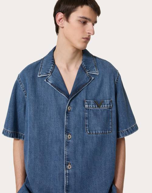 Red Valentino CAMICIA BOWLING IN DENIM CON V DETAIL METALLICA