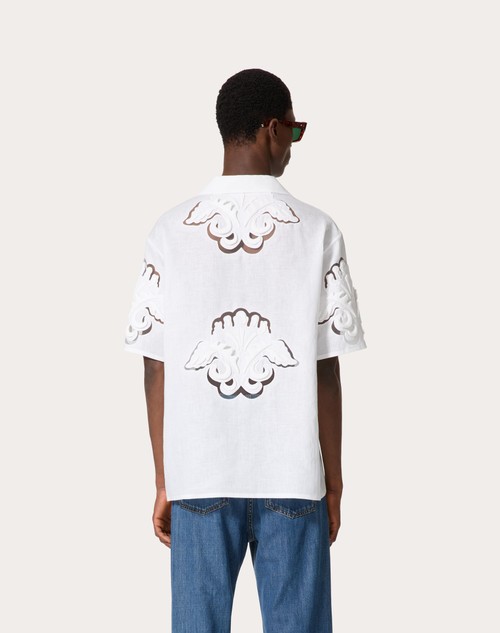 Red Valentino CAMICIA DA BOWLING IN LINO CON RICAMI ALTORILIEVO