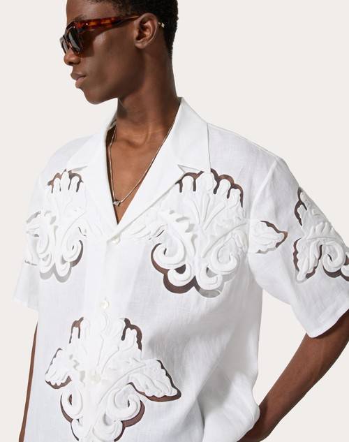 Red Valentino CAMICIA DA BOWLING IN LINO CON RICAMI ALTORILIEVO