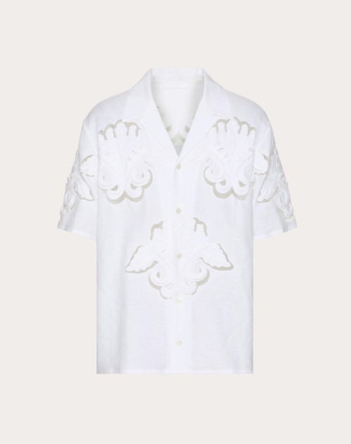 Red Valentino CAMICIA DA BOWLING IN LINO CON RICAMI ALTORILIEVO