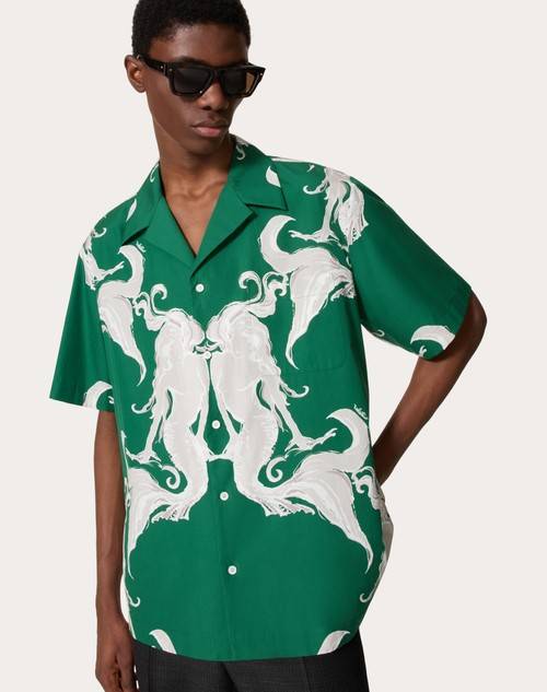 Red Valentino CAMICIA DA BOWLING IN POPELINE DI COTONE CON STAMPA METAMORPHOS SIREN
