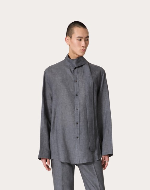 Red Valentino CAMICIA IN LINO CON COLLO A SCIARPA E RICAMO VLOGO SIGNATURE