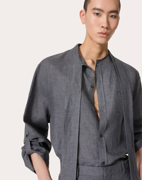 Red Valentino CAMICIA IN LINO CON COLLO A SCIARPA E RICAMO VLOGO SIGNATURE
