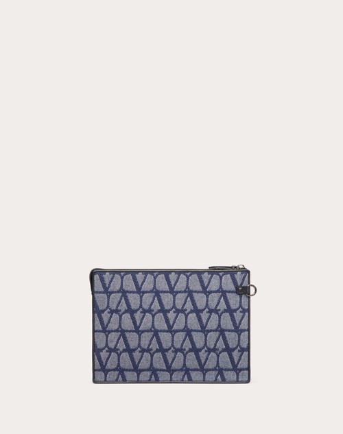 Red Valentino POUCH TOILE ICONOGRAPHE IN TESSUTO JACQUARD EFFETTO DENIM CON DETTAGLI IN PELLE