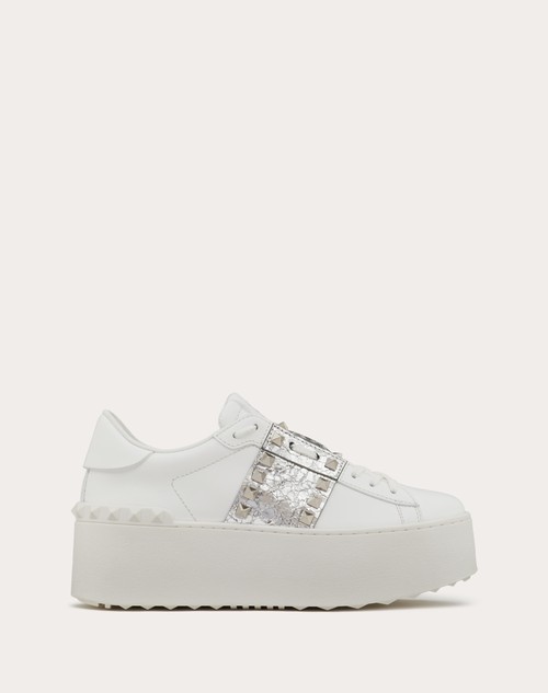Red Valentino SNEAKER FLATFORM ROCKSTUD UNTITLED IN VITELLO CON BANDA METALLIZZATAEFFETTO CRAQUELÉ