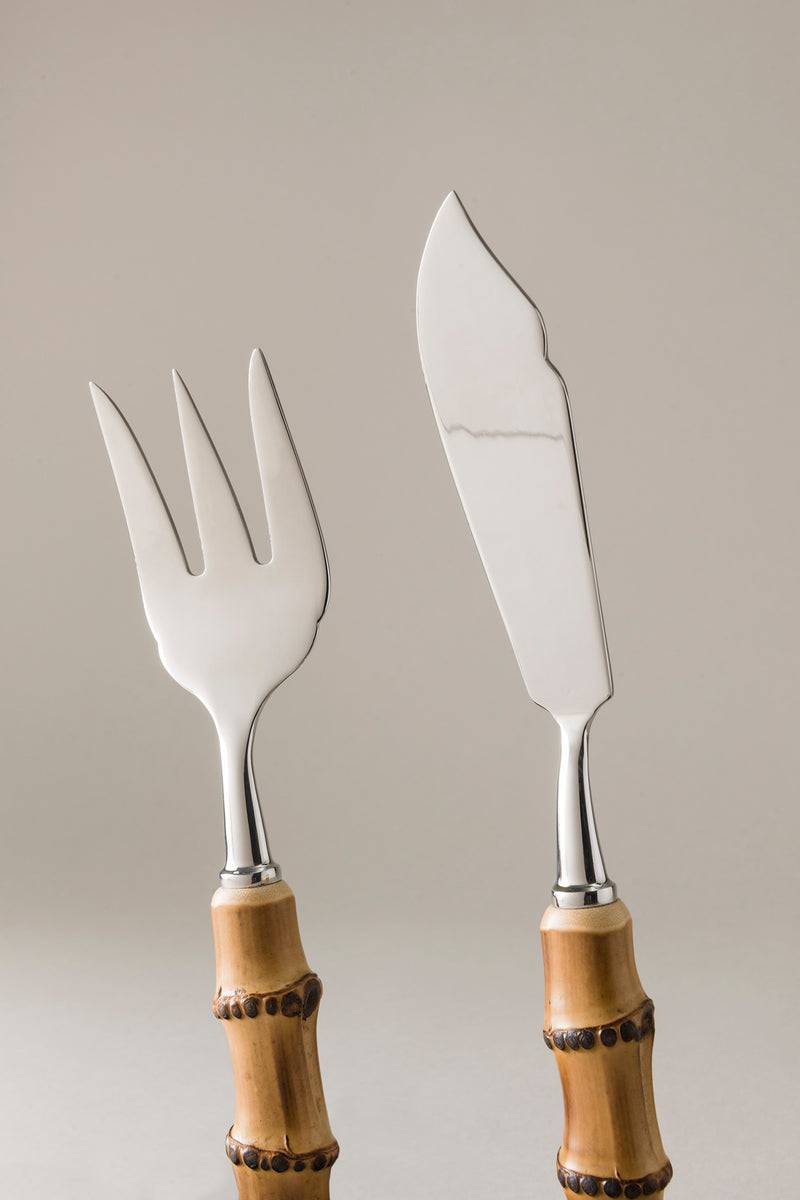 Lorenzi Milano Coppia Posate Servizio Pesce In Bambù