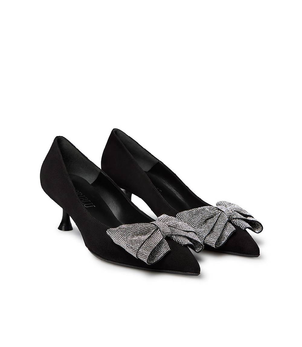 Loriblu Décolleté In Camoscio Nero Con Fiocco Micro Cristalli