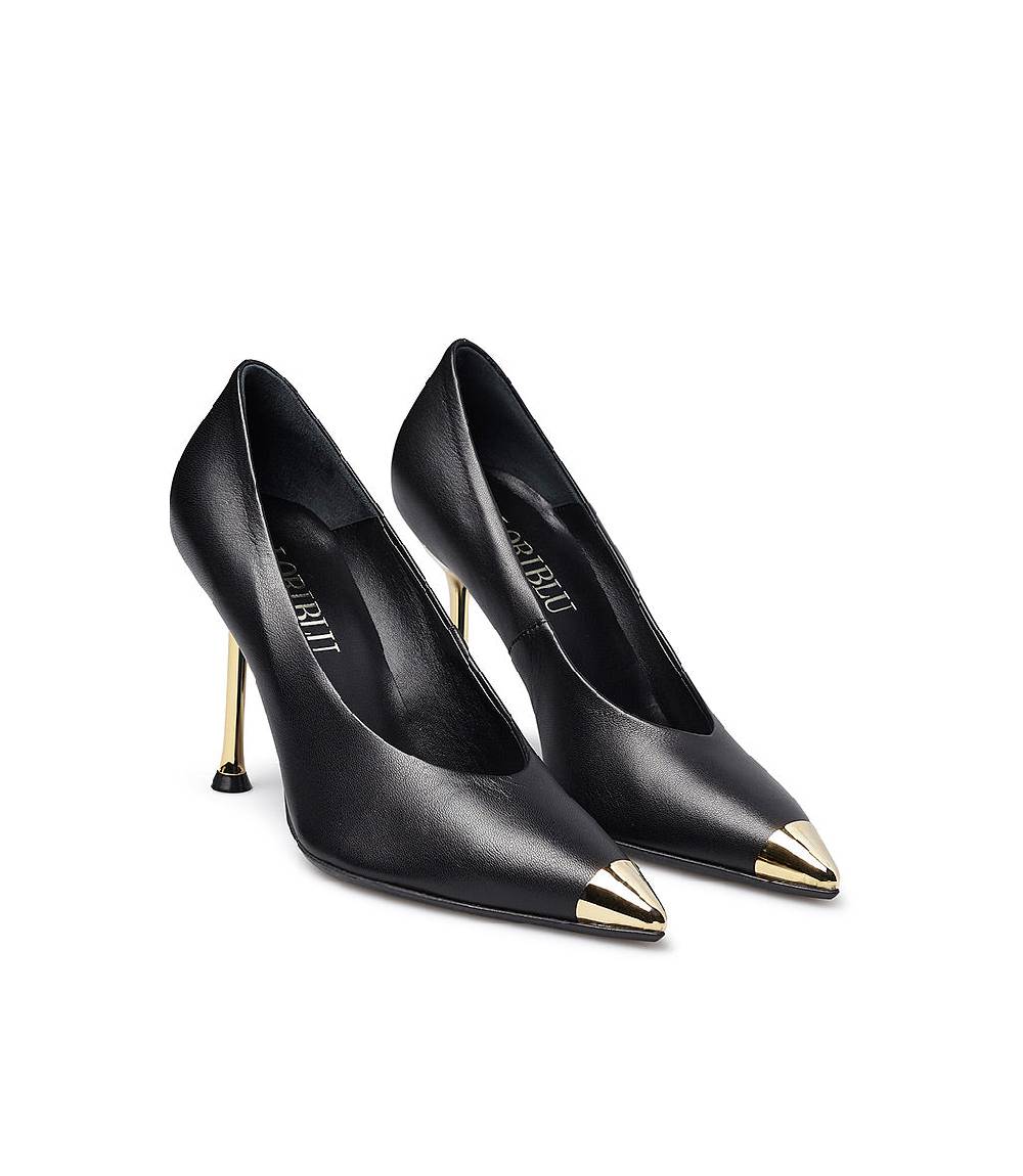 Loriblu Décolleté In Nappa Nera Con Tacco E Punta In Metallo Oro