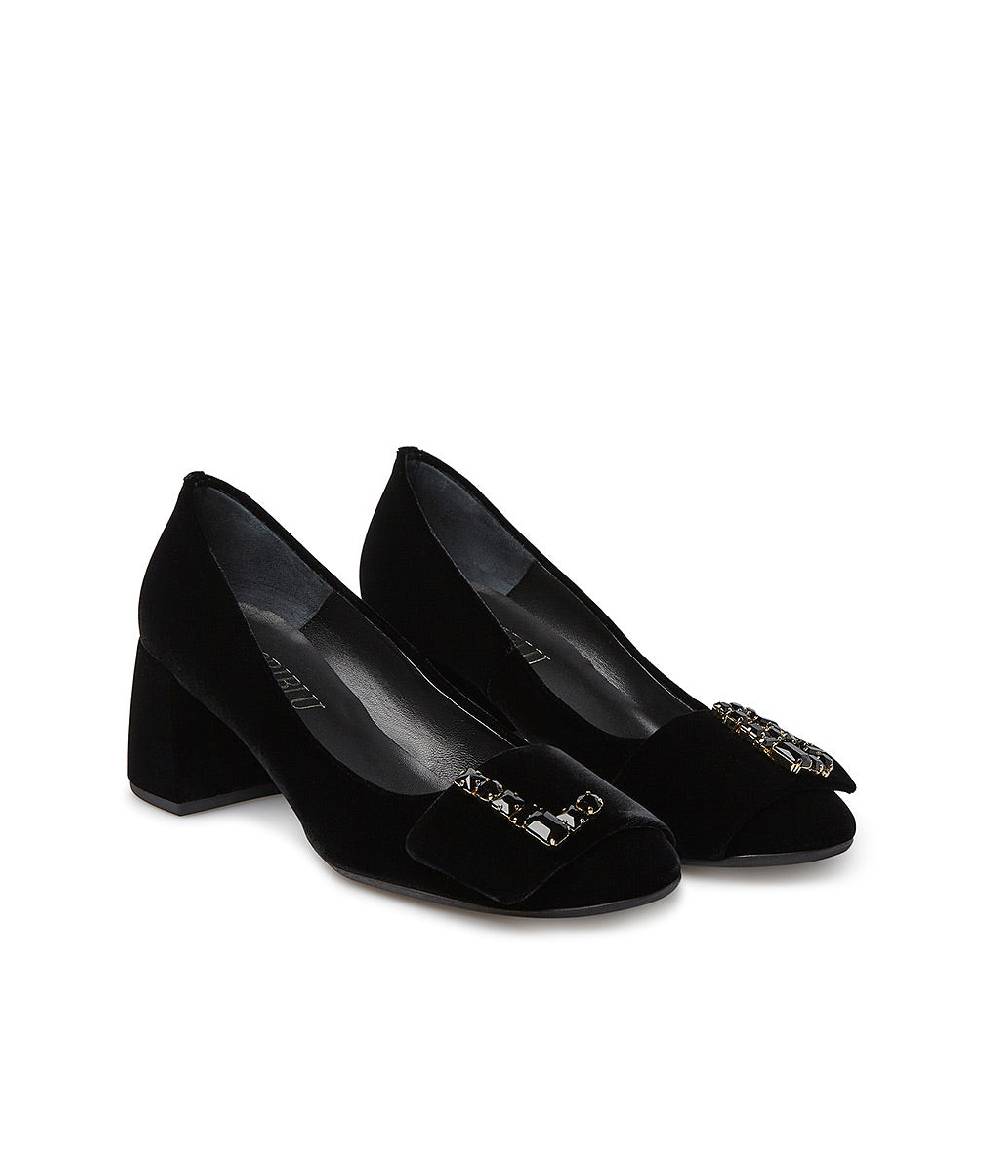 Loriblu Décolleté In Velluto Nero Con Logo Signature In Cristalli