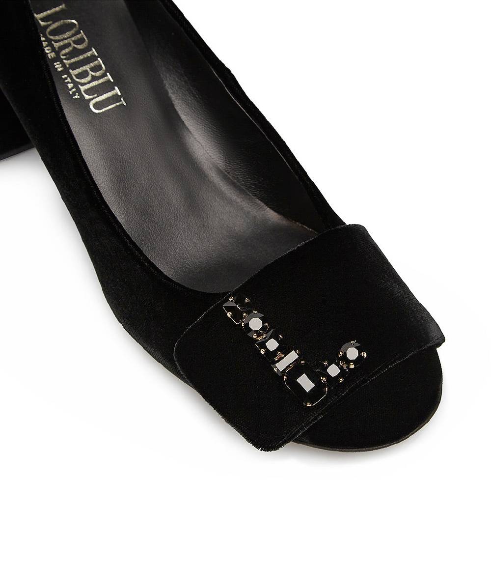 Loriblu Décolleté In Velluto Nero Con Logo Signature In Cristalli