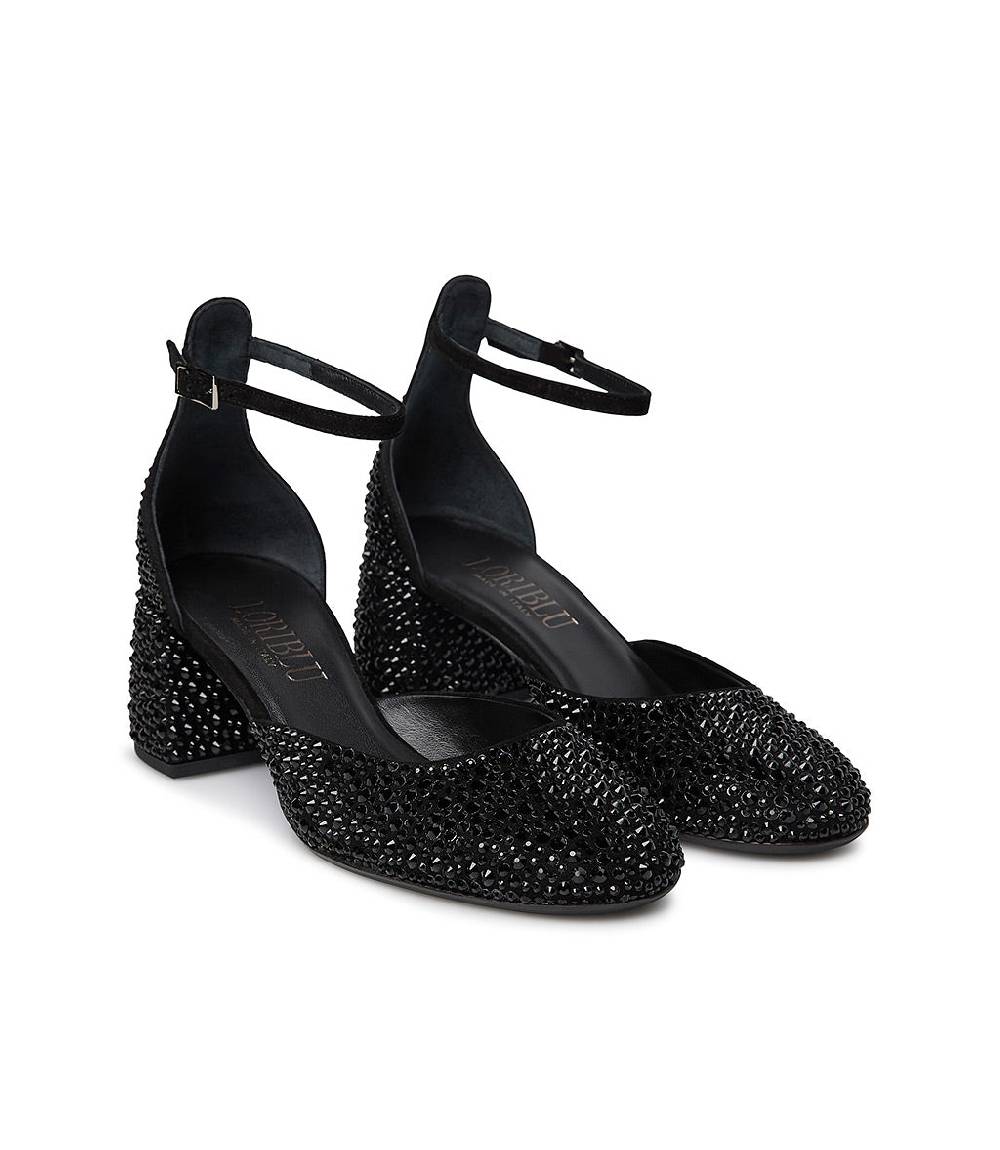 Loriblu Décolleté Mary Jane In Camoscio Nero Con Cristalli All-over