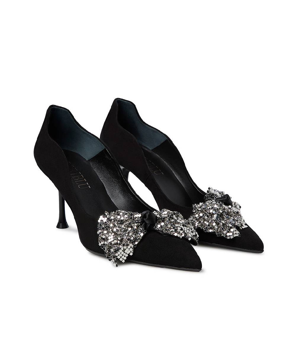 Loriblu Décolleté Onda Camoscio Nero Con Fiocco Full Metal Argento