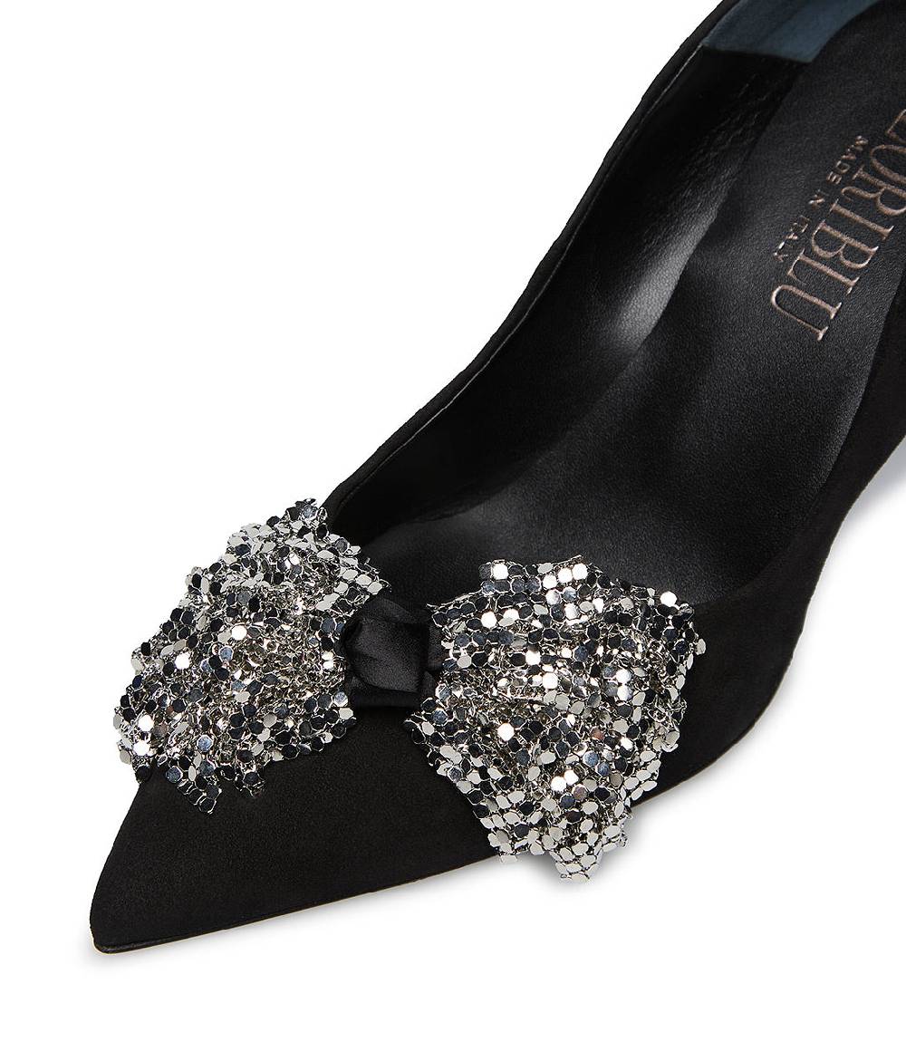 Loriblu Décolleté Onda Camoscio Nero Con Fiocco Full Metal Argento