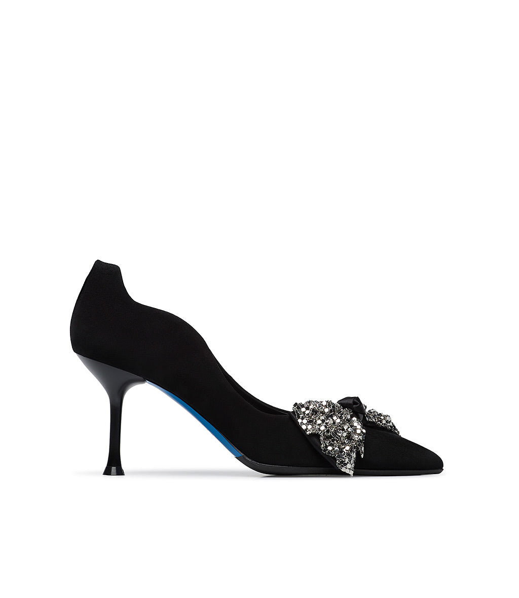 Loriblu Décolleté onda camoscio nero con fiocco full metal argento