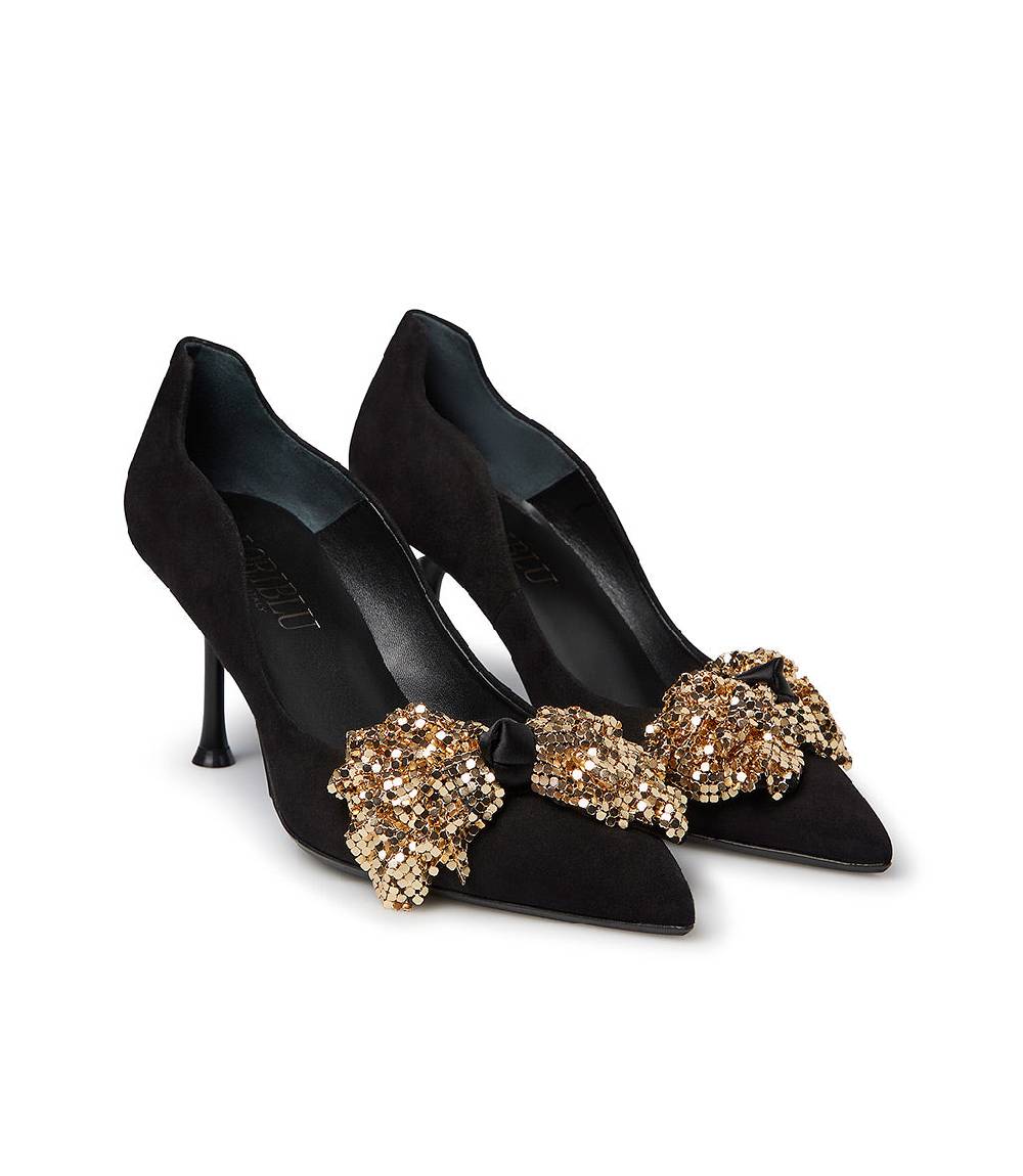 Loriblu Décolleté Onda In Camoscio Nero Con Fiocco Full Metal Oro