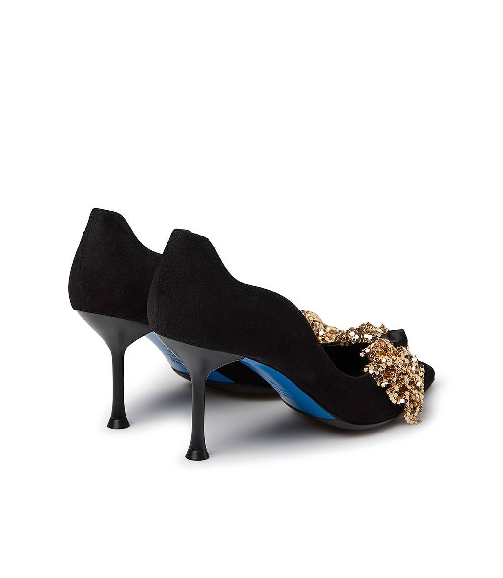 Loriblu Décolleté Onda In Camoscio Nero Con Fiocco Full Metal Oro