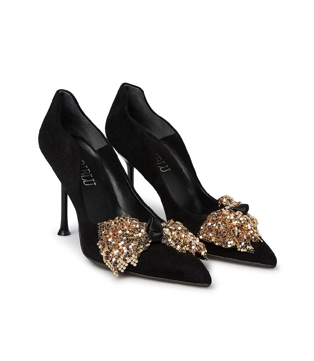 Loriblu Décolleté Onda In Camoscio Nero Con Fiocco Full Metal Oro