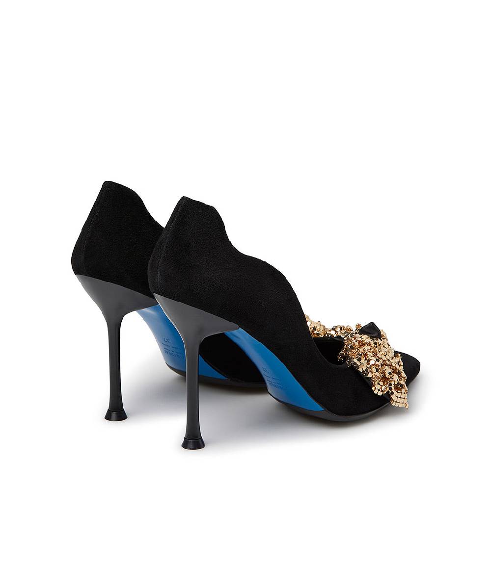 Loriblu Décolleté Onda In Camoscio Nero Con Fiocco Full Metal Oro