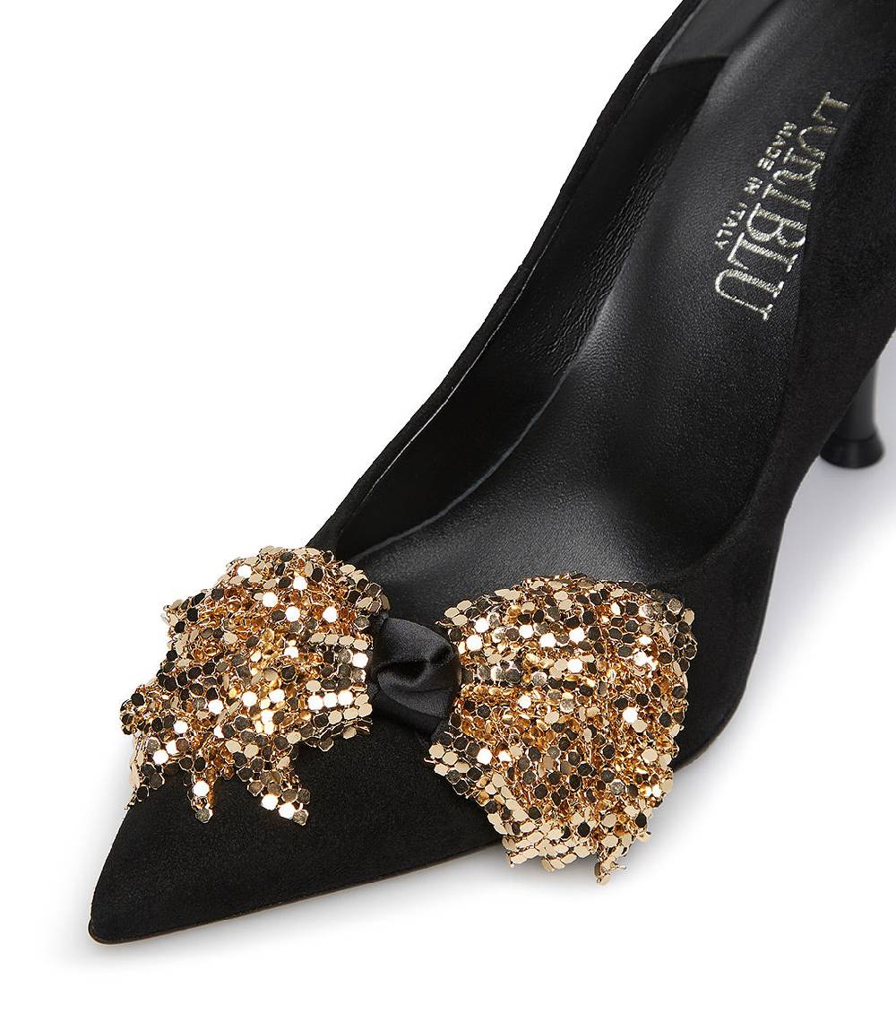Loriblu Décolleté Onda In Camoscio Nero Con Fiocco Full Metal Oro